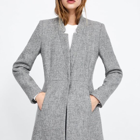 ZARA Grey Wool Coat with Pockets - Picture 4 of 6